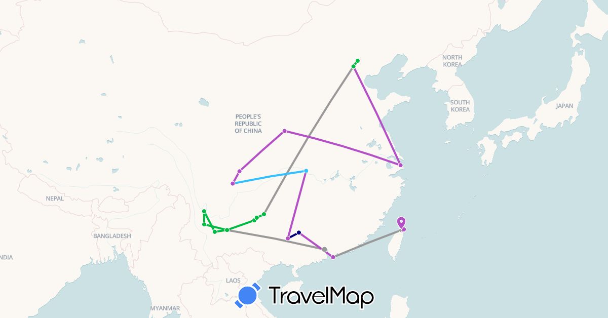 TravelMap itinerary: driving, bus, plane, train, boat in China, Taiwan (Asia)